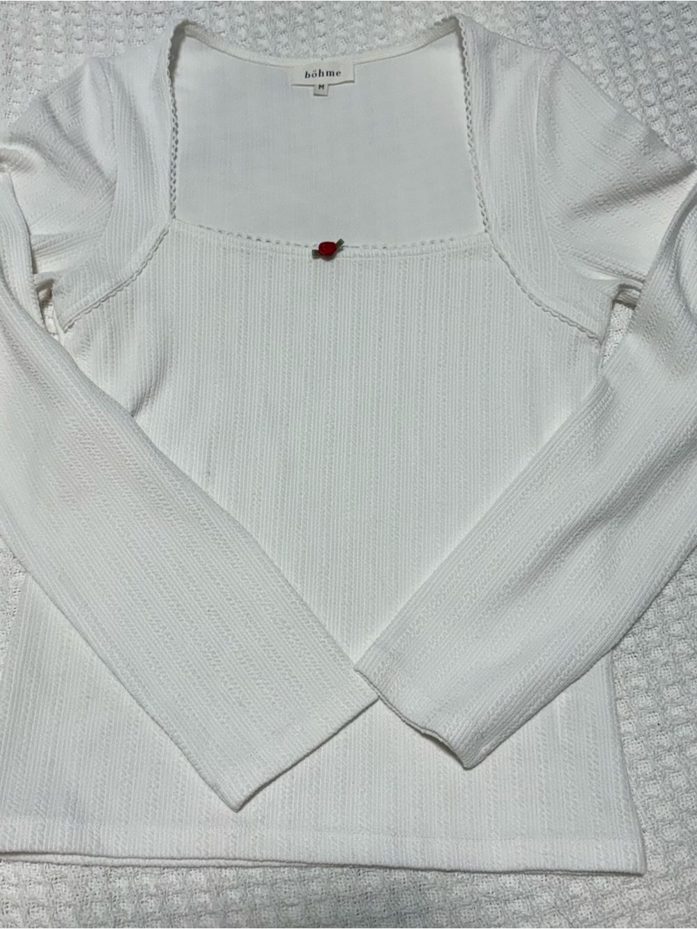 bohme White Square-Neck Ribbed Long Sleeve Top with Sweetheart Detail